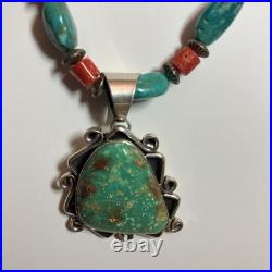 Lg Vintage Triangle Turquoise Signed Navajo Sterling Pendant Coral 18 Necklace