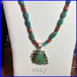 Lg Vintage Triangle Turquoise Signed Navajo Sterling Pendant Coral 18 Necklace