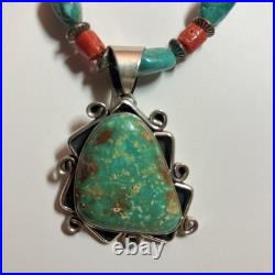 Lg Vintage Triangle Turquoise Signed Navajo Sterling Pendant Coral 18 Necklace