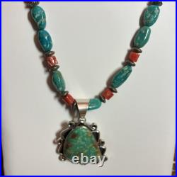Lg Vintage Triangle Turquoise Signed Navajo Sterling Pendant Coral 18 Necklace
