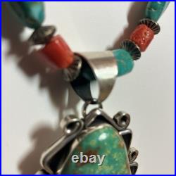 Lg Vintage Triangle Turquoise Signed Navajo Sterling Pendant Coral 18 Necklace