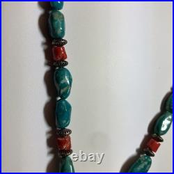 Lg Vintage Triangle Turquoise Signed Navajo Sterling Pendant Coral 18 Necklace