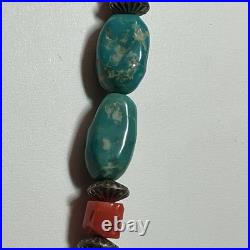 Lg Vintage Triangle Turquoise Signed Navajo Sterling Pendant Coral 18 Necklace
