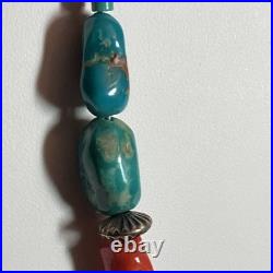Lg Vintage Triangle Turquoise Signed Navajo Sterling Pendant Coral 18 Necklace