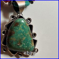 Lg Vintage Triangle Turquoise Signed Navajo Sterling Pendant Coral 18 Necklace