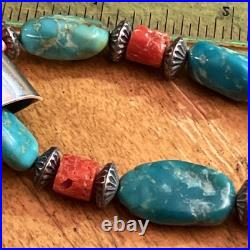 Lg Vintage Triangle Turquoise Signed Navajo Sterling Pendant Coral 18 Necklace