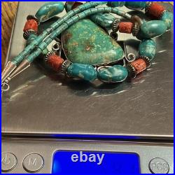 Lg Vintage Triangle Turquoise Signed Navajo Sterling Pendant Coral 18 Necklace