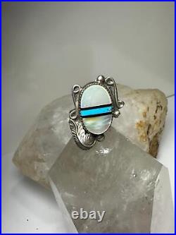 Long Navajo ring turquoise MOP leaf feather size 6.25 sterling silver women