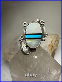 Long Navajo ring turquoise MOP leaf feather size 6.25 sterling silver women