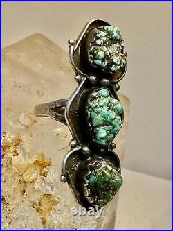 Long Turquoise ring Rough Cut polished size 9.25 Navajo sterling silver women