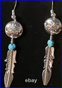 Lorenzo Arviso Navajo Handmade Sterling Turquoise Feather Earrings 2.4 dangles