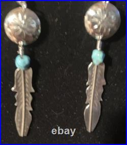 Lorenzo Arviso Navajo Handmade Sterling Turquoise Feather Earrings 2.4 dangles