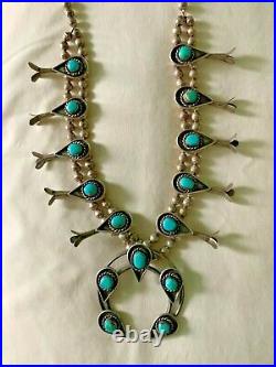 Lovely Vintage Sterling Silver & Turquoise Squash Blossom Necklace No Reserve