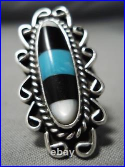 Magnificent Vintage Navajo Inlay Turquoise Jet Sterling Silver Ring