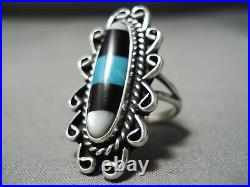 Magnificent Vintage Navajo Inlay Turquoise Jet Sterling Silver Ring