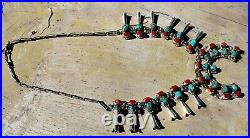 Magnificent Vintage Sterling Silver & Coral & Turquoise Squash Blossom Necklace