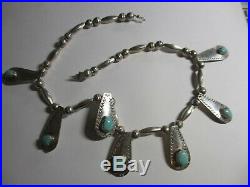 Magnificent Vtg Navajo Sterling Hand Tooled Bead & Turquoise Bib Necklace-no Res