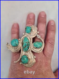 Massive Navajo Sterling Silver & 5 Gem Turquoise Rattle Snake Ring Hand Made