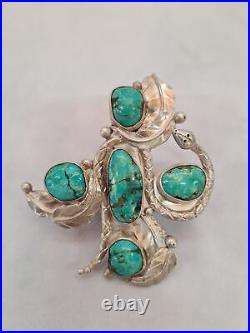 Massive Navajo Sterling Silver & 5 Gem Turquoise Rattle Snake Ring Hand Made