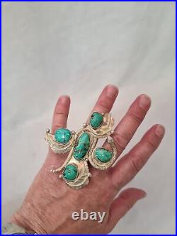 Massive Navajo Sterling Silver & 5 Gem Turquoise Rattle Snake Ring Hand Made