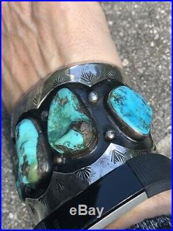 Massive Old Navajo Bisbee Turquoise Sterling Silver Cuff Bracelet 122 Gr Signed