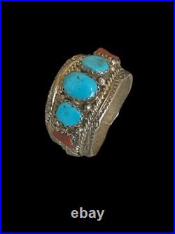 Men Navajo Hand-Crafted Ring Begay Sterling Silver Turquoise Coral Stones Wide