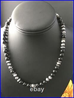 Mens Black Onyx Navajo Sterling Silver Bead Necklace 1743