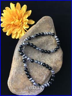 Mens Black Onyx Navajo Sterling Silver Bead Necklace 1743