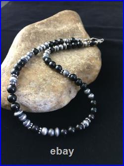 Mens Black Onyx Navajo Sterling Silver Bead Necklace 1743