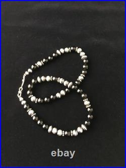 Mens Black Onyx Navajo Sterling Silver Bead Necklace 1743