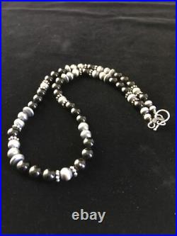 Mens Black Onyx Navajo Sterling Silver Bead Necklace 1743