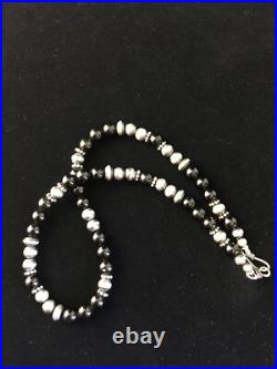 Mens Black Onyx Navajo Sterling Silver Bead Necklace 1743