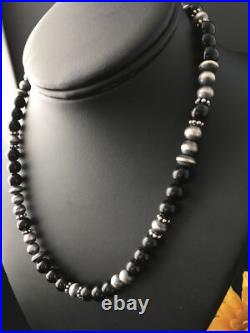 Mens Black Onyx Navajo Sterling Silver Bead Necklace 1743