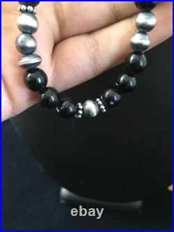 Mens Black Onyx Navajo Sterling Silver Bead Necklace 1743