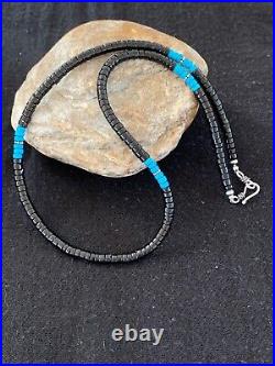 Mens Blue Turquoise Heishi Onyx Necklace Navajo Sterling Silver 8823
