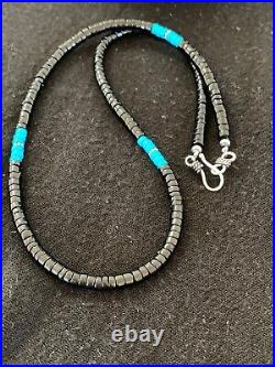 Mens Blue Turquoise Heishi Onyx Necklace Navajo Sterling Silver 8823