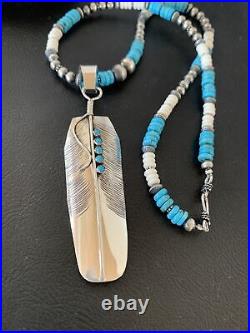 Mens Feather Turquoise Pendant Navajo Sterling Silver Necklace 02133