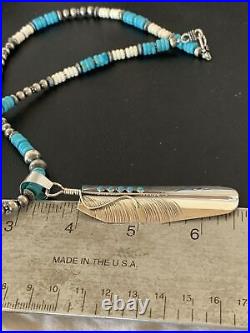 Mens Feather Turquoise Pendant Navajo Sterling Silver Necklace 02133