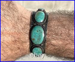 Mens Native American Sterling Silver Top High Grade Turquoise Cuff Bracelet