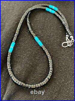 Mens Navajo Native Amer Blue Turquoise Heishi Onyx Sterling Silver Necklace 8823