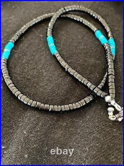 Mens Navajo Native Amer Blue Turquoise Heishi Onyx Sterling Silver Necklace 8823