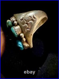 Most Impressive! Heavy Duty Navajo Sterling 3 Turquoise Gem Ring Native Old Pawn
