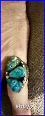 Most Impressive! Heavy Duty Navajo Sterling 3 Turquoise Gem Ring Native Old Pawn