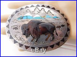 NAVAJO Henry & Linda Barber Sterling Silver Turquoise BUFFALO Concho Belt Buckle