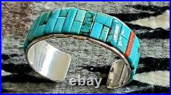 NAVAJO Inlay Corn Row Turquoise and Coral Sterling Silver Cuff Bracelet MTR
