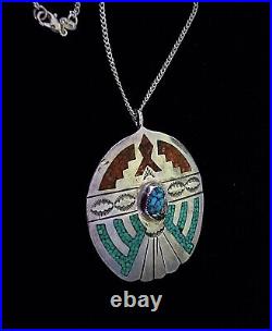 NAVAJO Old Vintage TURQUOISE & CORAL INLAY Pendant 925 Sterling CHAIN Necklace