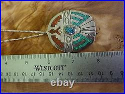 NAVAJO Old Vintage TURQUOISE & CORAL INLAY Pendant 925 Sterling CHAIN Necklace