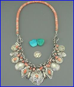 NAVAJO Pink ANGEL SKIN CORAL Charm BRACELET NECKLACE EARRINGS Squash Blossom