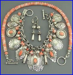 NAVAJO Pink ANGEL SKIN CORAL Charm BRACELET NECKLACE EARRINGS Squash Blossom