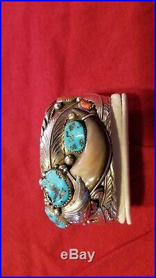 NAVAJO SILVER TURQUOISE CORAL & FAUX BEAR CLAW CUFF BRACELET + free shipping